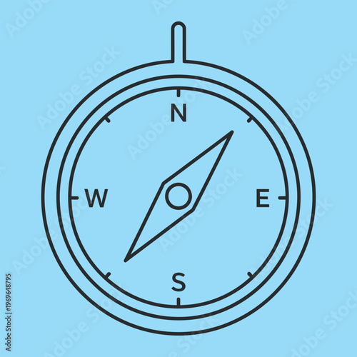 Minimalist compass rose with black lines on light blue background direction navigation north south
