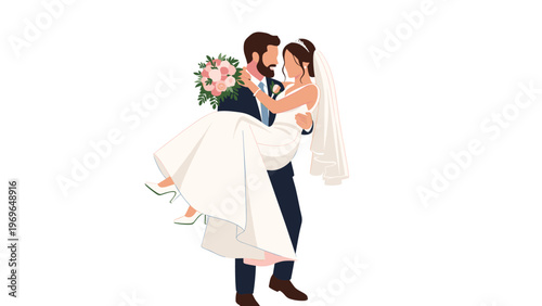 Romantic groom carrying his bride in his arms while she holds a beautiful flower bouquet after their wedding ceremony and celebration.