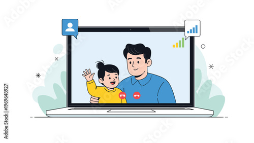 Father and his young child having a happy video call conversation with a family member on a laptop from their home office or living room.