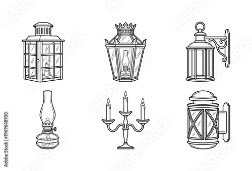 A collection of vintage lanterns, lamps, and candelabra. This hand-drawn line art set features antique lighting icons for classic, historical, or decorative design projects.