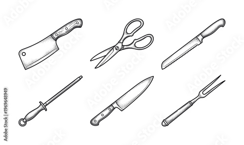 Set of butcher and kitchen tools in a vintage, hand-drawn engraving style. Includes cleaver, knife, scissors, fork. Perfect for restaurant menus, butchery logos, cooking icons.
