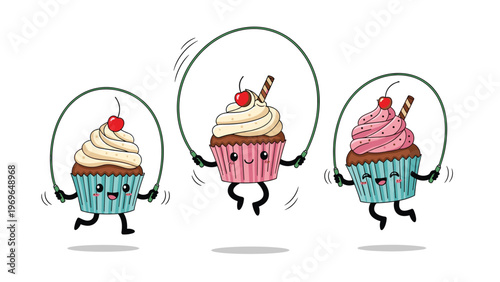 Three adorable cupcakes with faces and arms having fun skipping rope to promote an active and healthy lifestyle with a joyful smile.