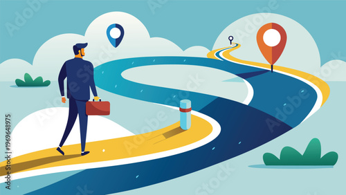 Man walks on winding road with a briefcase and location markers in the background during daytime