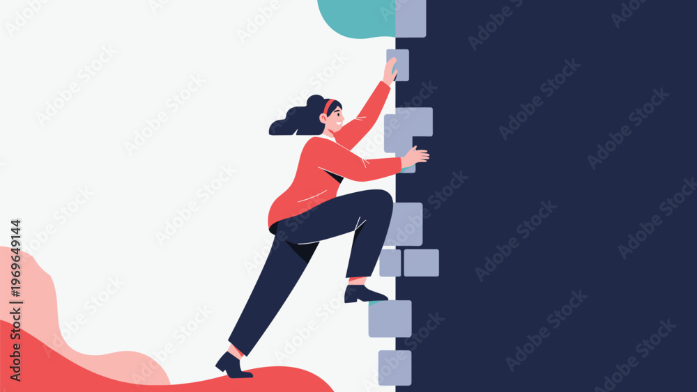 Naklejka premium Determined woman climbing up a wall of stone blocks to represent personal growth, challenge, and reaching the top.
