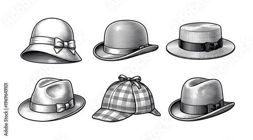 A set of vintage hats in a classic black and white engraving style. This retro collection includes fedora, bowler, and cloche hats for fashion or detective themes.