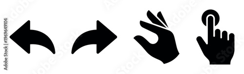 Set of black user interface icons including back, forward, flick, and tap hand gestures. Vector symbols for web, app design, and user experience navigation.