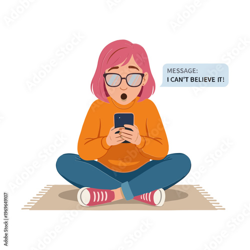 Woman sits on floor shocked by text message on her phone