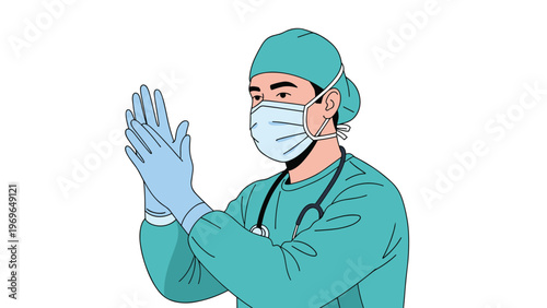 Surgeon in green scrubs and a medical mask putting on protective blue gloves before a surgical procedure in a clinic.