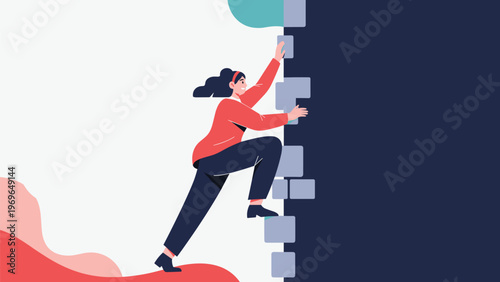 Determined woman climbing up a wall of stone blocks to represent personal growth, challenge, and reaching the top.