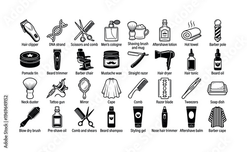 A large vector icon set for a barbershop. Men's grooming and hairdressing tools for professional styling and shaving. Perfect for branding, web design, and print materials.
