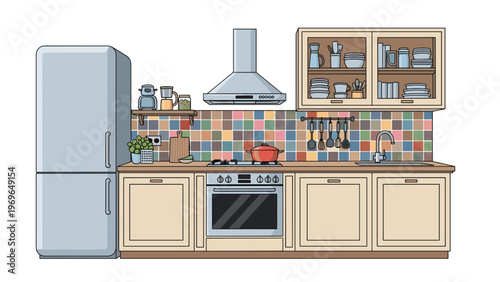 Fully equipped modern kitchen with a large silver refrigerator, wooden cabinets, tiled backsplash, and built-in electric oven.