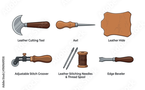 Set of leather craft tools for handmade work. Vector icons collection for a hobby or professional leatherworking guide, including knife, awl, and groover. Infographic style.