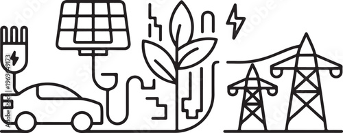 Green energy infrastructure illustration featuring an electric car solar panel and power lines Vector