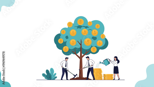 Team of business professionals working together to grow and harvest gold coins from a giant flourishing money tree.