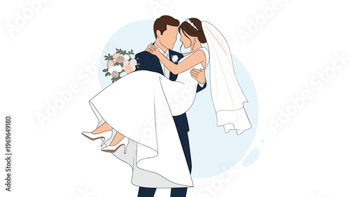 Happy groom in a dark suit carrying his bride in a white wedding dress after their romantic marriage ceremony.