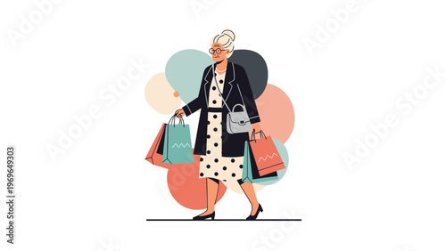 Elegant elderly woman carrying several colorful shopping bags while walking confidently against an abstract circle background.