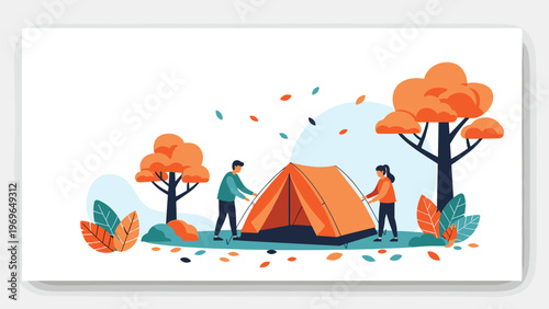 Couple working together to set up an orange camping tent in a beautiful autumn forest with falling leaves and trees.
