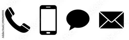 A set of four black communication icons: phone, smartphone, message bubble, and email. A minimal vector collection for a website contact page, business card, or app interface.