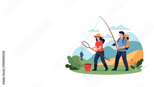 Happy couple enjoying outdoor hobby fishing in mountain lake landscape with net and rod during summer vacation.