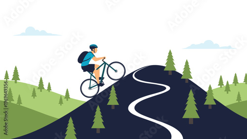 Motivated man riding a mountain bike up a steep winding road through a forest of pine trees towards the high hills.