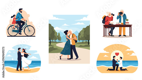 Compilation of romantic life events featuring a couple on a bike ride a walk in nature a photo session a beach wedding and a marriage proposal.