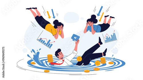 Distressed business people falling into a whirlpool of water surrounded by sinking gold coins and declining financial charts.