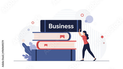Strong businesswoman pushing a heavy stack of giant books with the word business written clearly on the top blue cover.