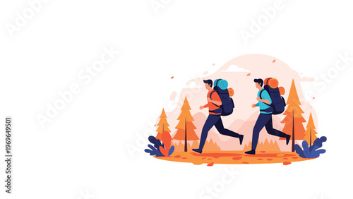 Two male backpackers running through autumn forest landscape with mountains in background during hiking adventure.