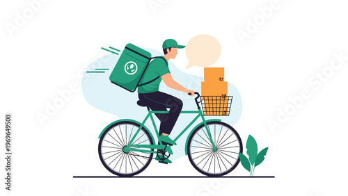 Delivery man riding green bicycle with backpack and boxes in front basket for fast courier service in urban city.