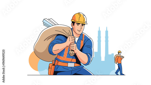 Professional construction worker wearing hard hat and safety vest carrying heavy sandbag on shoulder at site.