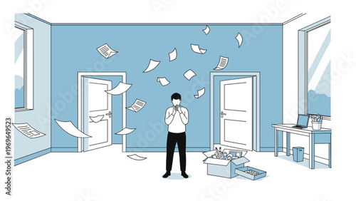 Stressed office worker standing in room with many flying papers and documents suggesting chaos or heavy workload.