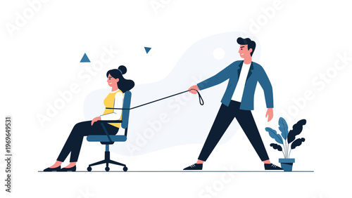 Competitive man in a suit pulling a woman on an office chair with a leash to represent a toxic work environment.