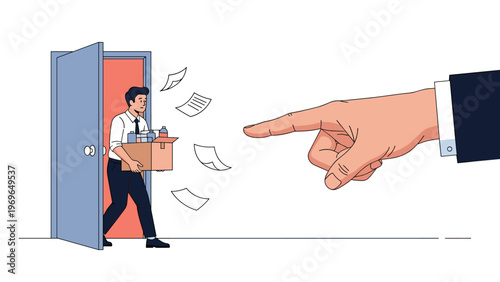 Sad employee carrying his belongings in a box while a giant hand points toward the exit door representing job loss and corporate dismissal.
