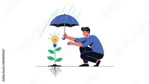 Man crouching and holding blue umbrella to protect small plant with lightbulb flower from rain in outdoor field.