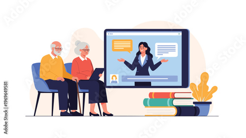 Elderly couple sitting at home and watching an educational online lesson on a large tablet screen with a teacher speaking.