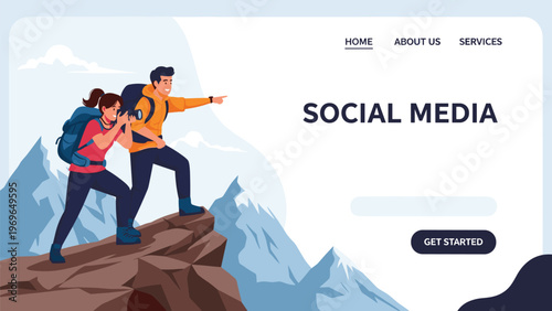 Social media website landing page template featuring young couple hiking and taking photos in mountain landscape.