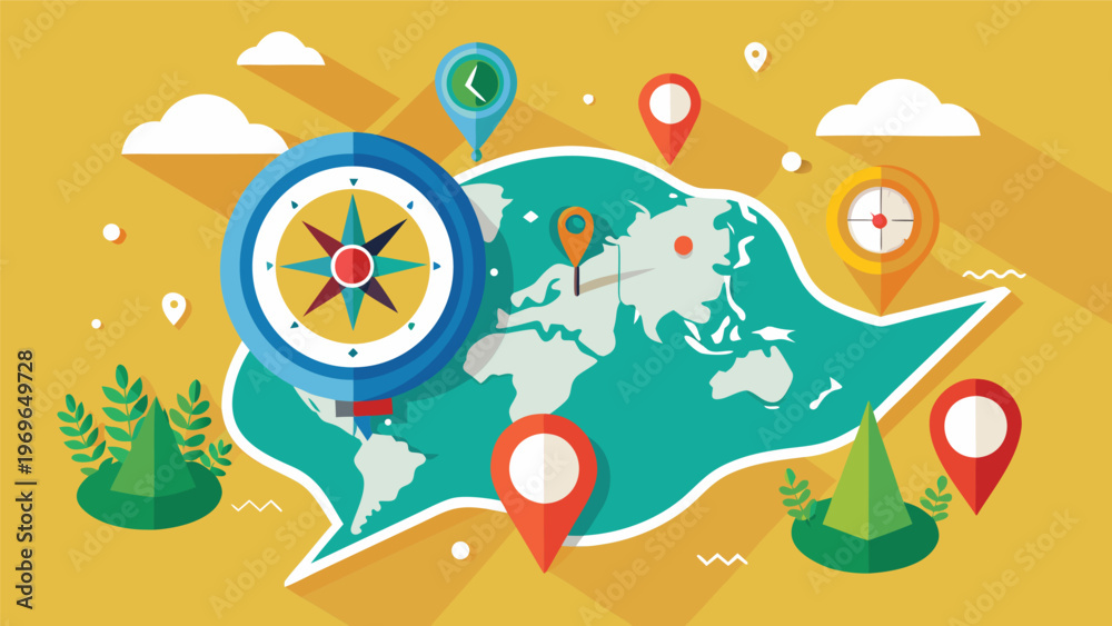 Naklejka premium Map with compass and location markers in a flat design style with world outline and nature elements