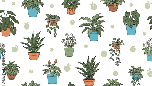 Decorative seamless pattern of various green house plants in colorful ceramic pots on white background with apples.