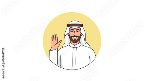 Friendly arab man in traditional white thobe and ghutra waving his hand warmly inside a yellow circle frame icon.