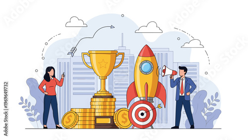 Business team celebrating startup success with rocket ship trophy target and financial growth symbols in city center.