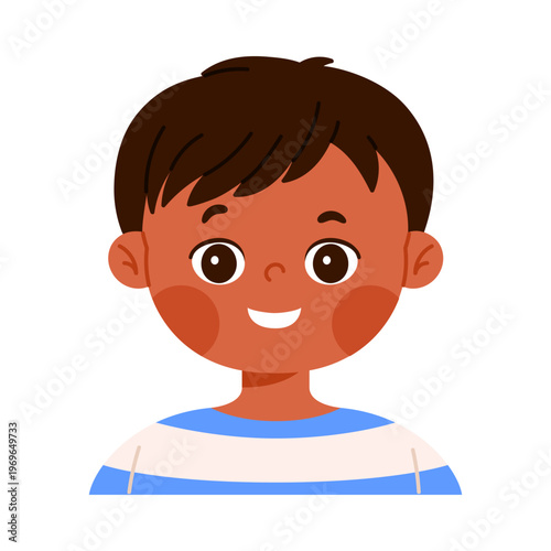 Cute happy little boy character smiling. Facial expression concept. Friendly child avatar with positive emotion. Kid apps and emotion education concept. Isolated vector illustration
