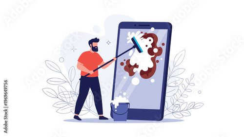 Bearded man using a squeegee and soap to clean a large smartphone screen from dirt and icons to represent digital cleaning and privacy.