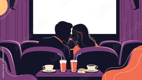 Silhouette of a romantic couple sitting in a movie theater enjoying drinks and snacks while watching a film on a large white screen.