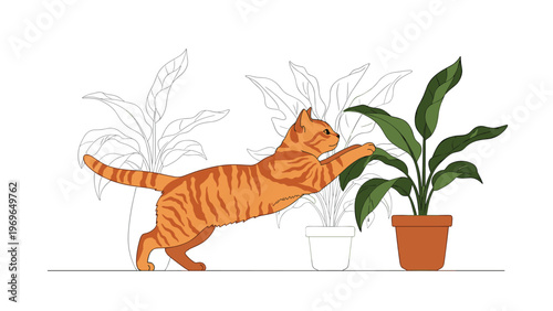 Playful ginger tabby cat jumping up to reach the leaves of a green indoor potted plant against a simple white background with sketches.