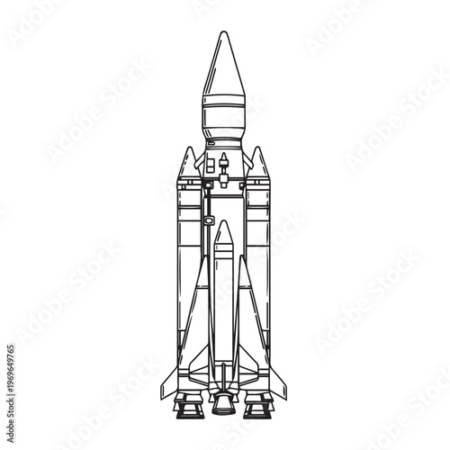 Line drawing of a space shuttle on a launch pad, engineering illustration.