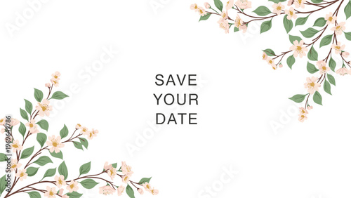 Elegant save your date wedding invitation background with blooming white flower branches in corners and copy space.