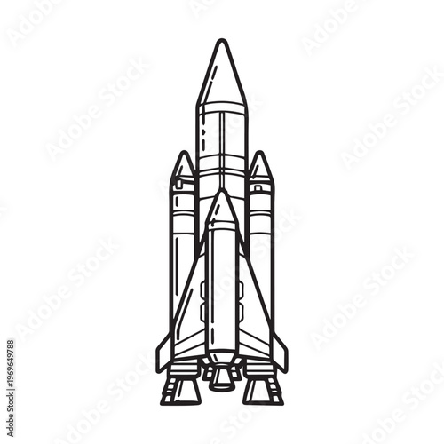Minimalist line drawing of a rocket ready for launch, futuristic space shuttle illustration.