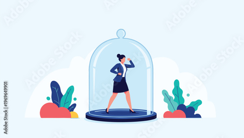 Confident businesswoman standing inside a large glass bell jar symbolizing protection or being in a controlled environment.