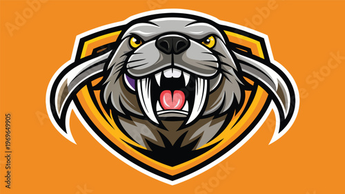 Sporting team logo showing a fierce walrus with sharp tusks and a bold shield background in bright orange color