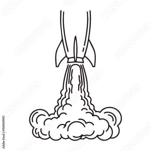 Illustration of a rocket launch with exhaust plume rising from a launchpad.